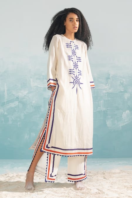 Buy_Ikai by Ragini Ahuja_Ivory Cotton Silk Chanderi Applique Round Nile Mild A-line Tunic  _Online_at_Aza_Fashions