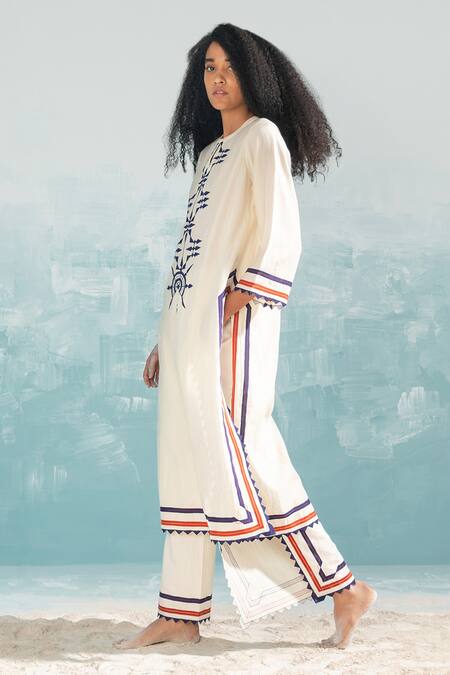 Buy_Ikai By Ragini Ahuja_Ivory Cotton Cut Work, Applique Nile Cut-work Detailed Pant_Online_at_Aza_Fashions