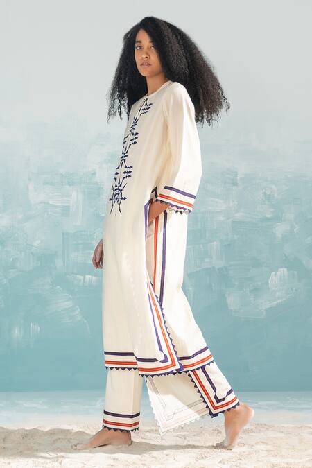 Shop_Ikai by Ragini Ahuja_Ivory Cotton Silk Chanderi Applique Round Nile Mild A-line Tunic  _Online_at_Aza_Fashions