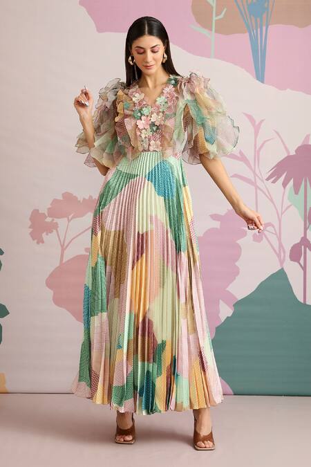 Pankaj & Nidhi_Green Organza, Satin Metallic V Neck Malt Pleated Ruffle Dress _Online_at_Aza_Fashions