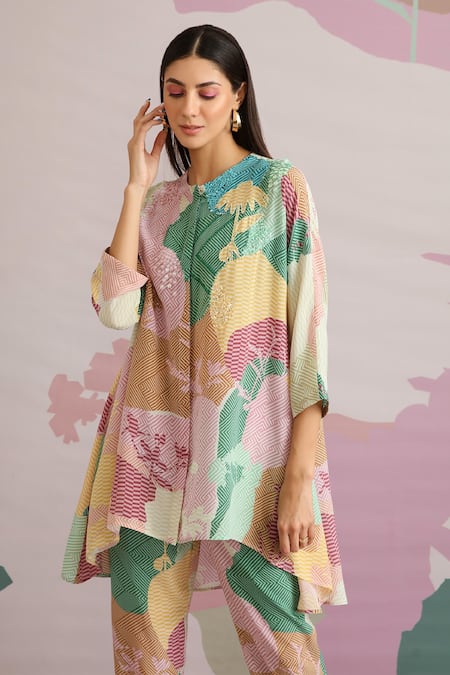 Pankaj & Nidhi_Green Crepe Hand Embellishment Abstract Round Malt Tunic  _Online_at_Aza_Fashions
