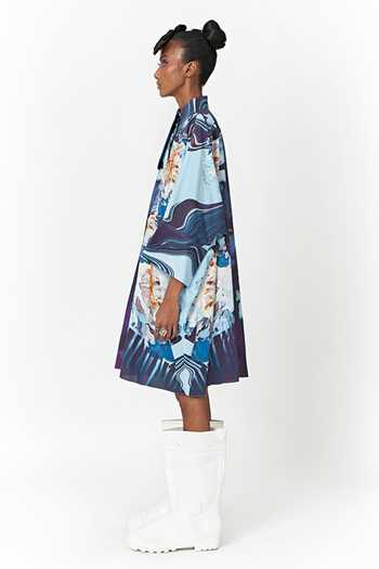 Two Point Two_Blue Cotton Poplin Printed Digital High Mamoro Kimono Kaftan Dress _at_Aza_Fashions