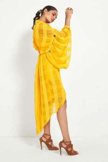 Style Junkiie Yellow Cotton Crystals Asymmetric Wrap Dress Online at Aza Fashions Style Junkiie_Yellow Cotton Crystals Asymmetric Wrap Dress _Online_at_Aza_Fashions