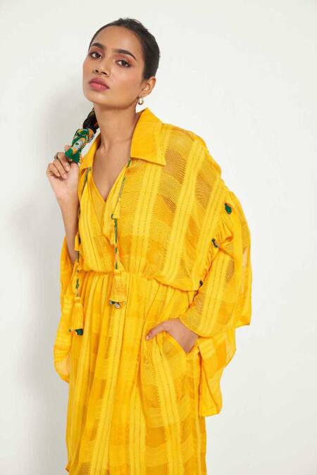Shop Style Junkiie Yellow Cotton Crystals Asymmetric Wrap Dress Online at Aza Fashions Shop_Style Junkiie_Yellow Cotton Crystals Asymmetric Wrap Dress _Online_at_Aza_Fashions