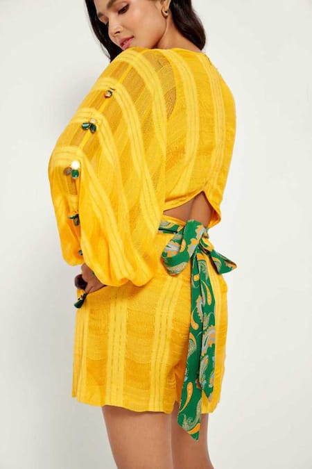 Buy_Style Junkiie_Yellow Cotton Tassels Round Neck Jumpsuit _Online_at_Aza_Fashions