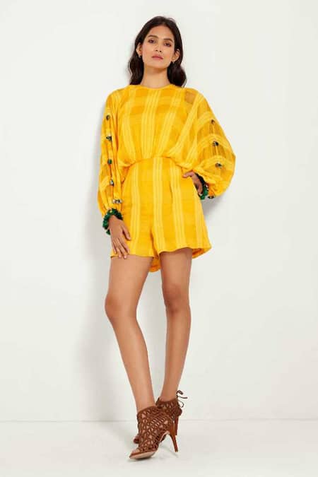 Shop_Style Junkiie_Yellow Cotton Tassels Round Neck Jumpsuit _Online_at_Aza_Fashions