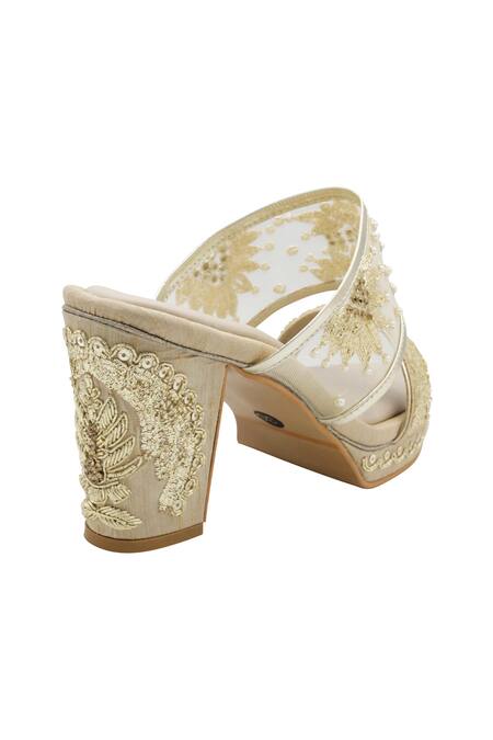 Buy_Veruschka By Payal Kothari_Gold Zardozi And Pitta Manjira Embroidered Heels _Online_at_Aza_Fashions