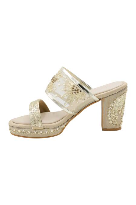Shop_Veruschka By Payal Kothari_Gold Zardozi And Pitta Manjira Embroidered Heels _Online_at_Aza_Fashions