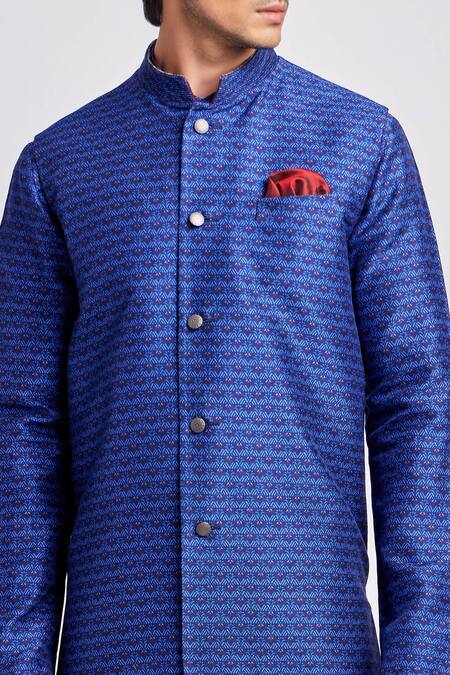 Bubber Couture_Blue Silk Geometric Print Cobalt Bundi _Online_at_Aza_Fashions