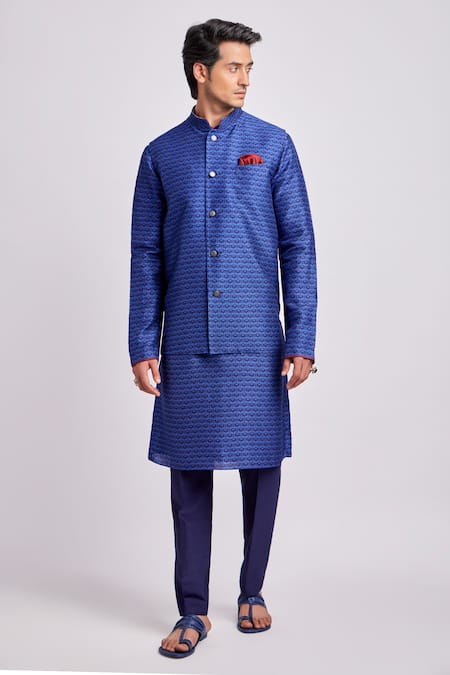 Buy_Bubber Couture_Blue Silk Geometric Print Cobalt Bundi _Online_at_Aza_Fashions