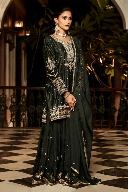 Buy_Matsya_Green Silk, Georgette, The Nawabi Roohani Kurta Sharara Set _Online_at_Aza_Fashions