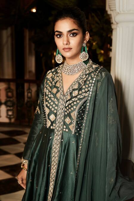 Matsya_Green Silk, Georgette, Long Peplum Anarkali Sharara Set_Online_at_Aza_Fashions