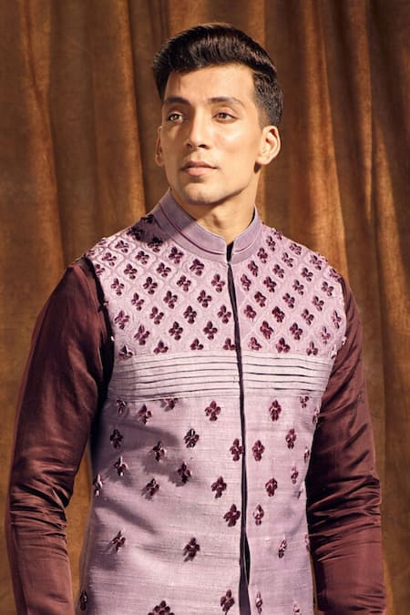 More Mischief Purple Silk Embroidery Motif Waistcoat Online at Aza Fashions More Mischief_Purple Silk Embroidery Motif Waistcoat_Online_at_Aza_Fashions
