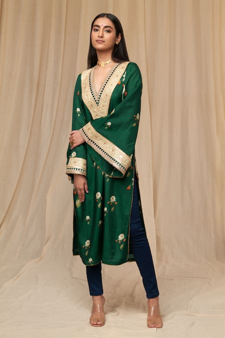 Buy Green Silk Embroidery V-neck Buttercup Flower Print