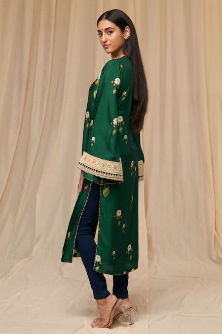 Shop_Masaba_Green Silk Embroidery V-neck Buttercup Flower Print Kurta _Online_at_Aza_Fashions
