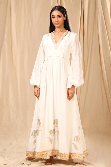 Masaba_Ivory Crepe Foil Print Wine Garden Floral Pattern V- Neck Kurta Dress_Online_at_Aza_Fashions