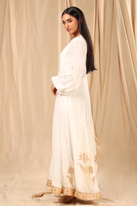 Buy_Masaba_Ivory Crepe Foil Print Wine Garden Floral Pattern V- Neck Kurta Dress_Online_at_Aza_Fashions