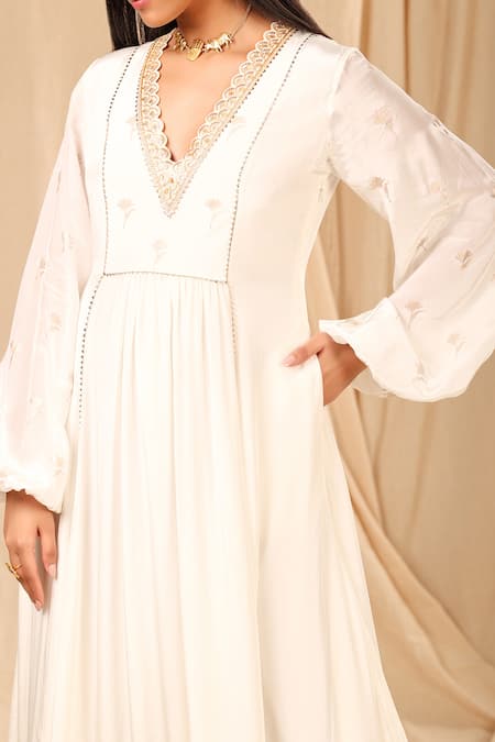 Shop_Masaba_Ivory Crepe Foil Print Wine Garden Floral Pattern V- Neck Kurta Dress_Online_at_Aza_Fashions