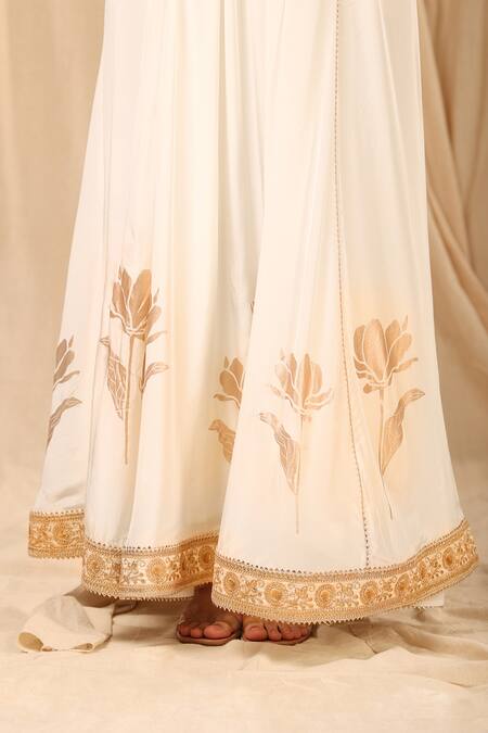 Masaba_Ivory Crepe Foil Print Wine Garden Floral Pattern V- Neck Kurta Dress_at_Aza_Fashions