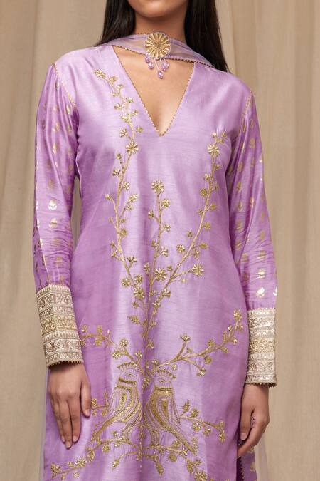 Buy_Masaba_Purple Raw Silk Embroidered Wallflower Foil Print Kurta Gharara Set _Online_at_Aza_Fashions
