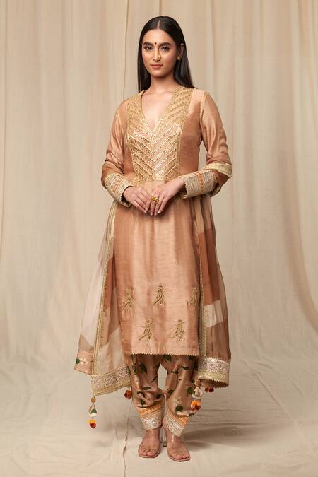 Buy_Masaba_Beige Raw Silk, Organza Sorbet Stripes, Spring Oatmeal Kurta Salwar Set_Online_at_Aza_Fashions