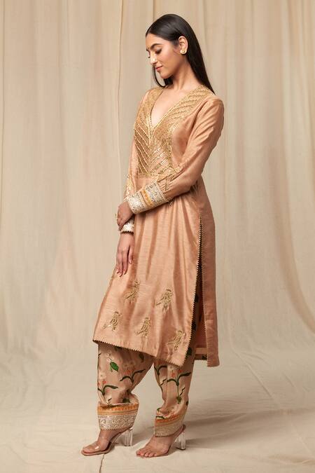 Masaba_Beige Raw Silk, Organza Sorbet Stripes, Spring Oatmeal Kurta Salwar Set_at_Aza_Fashions