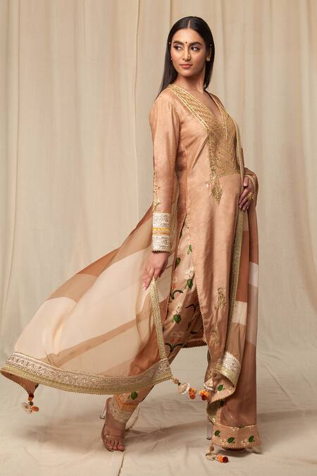 Buy_Masaba_Beige Raw Silk, Organza Sorbet Stripes, Spring Oatmeal Kurta Salwar Set