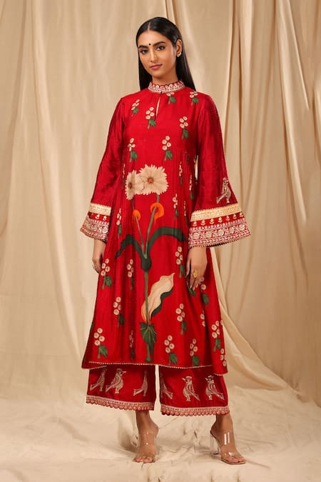 Masaba_Red Organza, Silk Embroidery Mandarin Collar Spring Blossom Culottes Set _Online_at_Aza_Fashions