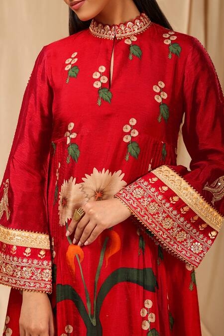 Buy_Masaba_Red Organza, Silk Embroidery Mandarin Collar Spring Blossom Culottes Set _Online_at_Aza_Fashions