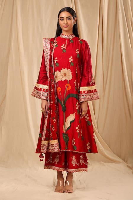 Shop_Masaba_Red Organza, Silk Embroidery Mandarin Collar Spring Blossom Culottes Set _Online_at_Aza_Fashions