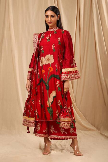 Masaba_Red Organza, Silk Embroidery Mandarin Collar Spring Blossom Culottes Set _at_Aza_Fashions