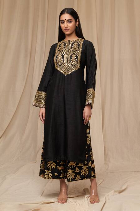 Masaba_Black Silk, Brocade Embroidery Round Neck Oasis Print Culottes Set_Online_at_Aza_Fashions