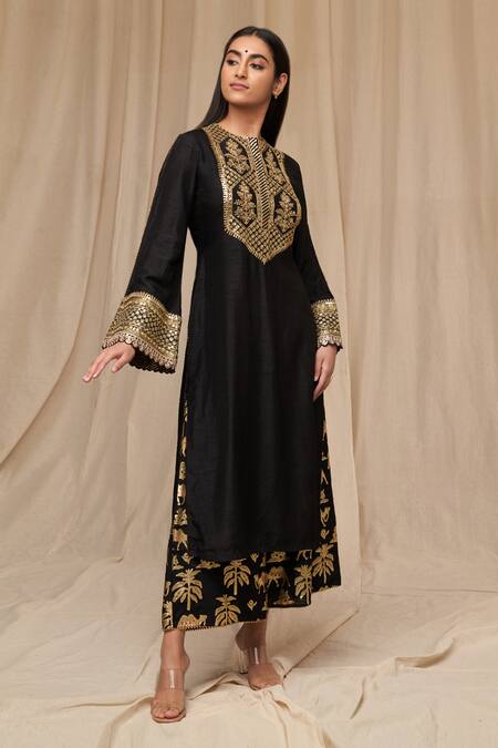 Shop_Masaba_Black Silk, Brocade Embroidery Round Neck Oasis Print Culottes Set_Online_at_Aza_Fashions