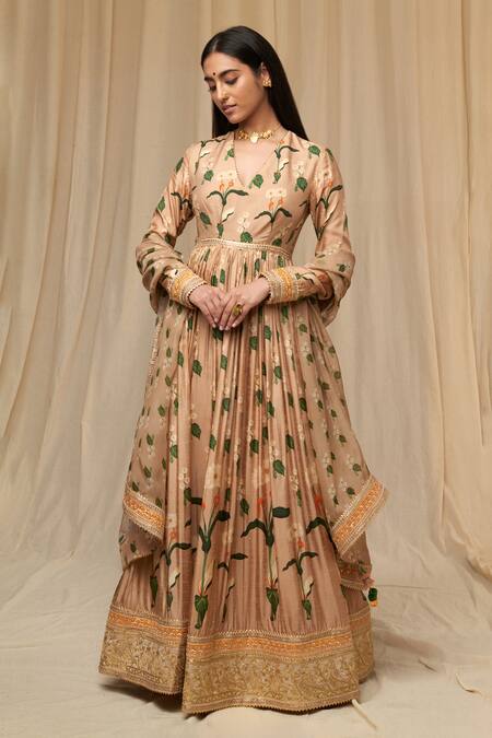 Masaba_Beige Chanderi Printed Spring Blossom And Cotton Candy Anarkali Set _Online_at_Aza_Fashions