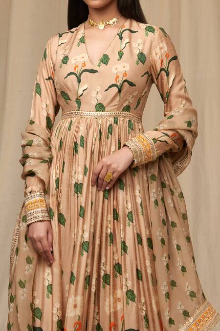 Buy_Masaba_Beige Chanderi Printed Spring Blossom And Cotton Candy Anarkali Set _Online_at_Aza_Fashions