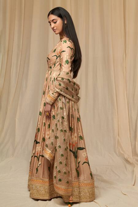 Shop_Masaba_Beige Chanderi Printed Spring Blossom And Cotton Candy Anarkali Set _Online_at_Aza_Fashions