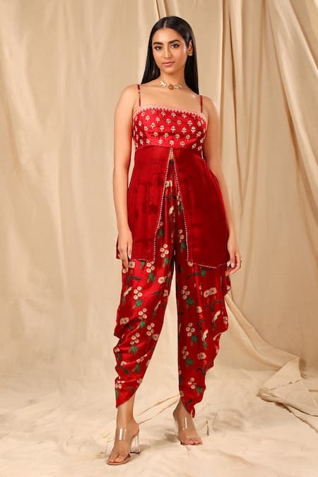 Masaba_Red Raw Silk Printed Spring Blossom Straight Dhoti Pant Set_Online_at_Aza_Fashions