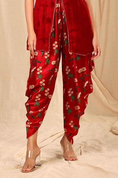Buy_Masaba_Red Raw Silk Printed Spring Blossom Straight Dhoti Pant Set_Online_at_Aza_Fashions
