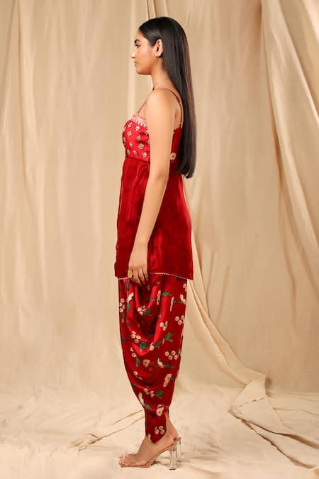 Shop_Masaba_Red Raw Silk Printed Spring Blossom Straight Dhoti Pant Set_Online_at_Aza_Fashions