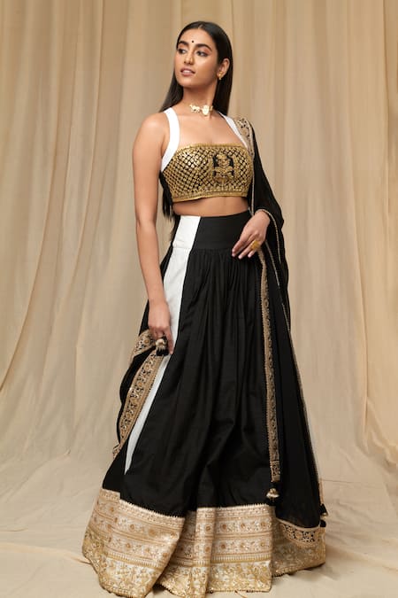 Masaba_Black Raw Silk, Organza Aari Square Monochrome Corset Lehenga Set_Online_at_Aza_Fashions