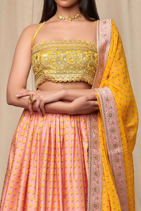 Masaba_Pink Pink, Yellow Wallflower Straight Print Lehenga Set_Online_at_Aza_Fashions