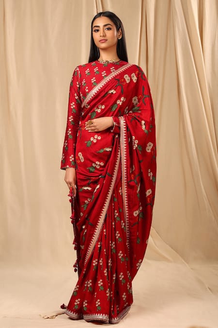 Masaba_Red Silk, Cotton Tassels, Embroidery Spring Blossom Saree _Online_at_Aza_Fashions