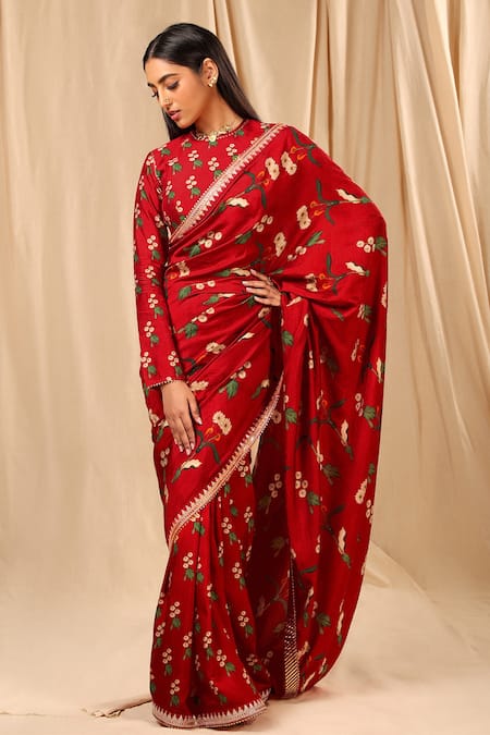 Buy_Masaba_Red Silk, Cotton Tassels, Embroidery Spring Blossom Saree _Online_at_Aza_Fashions