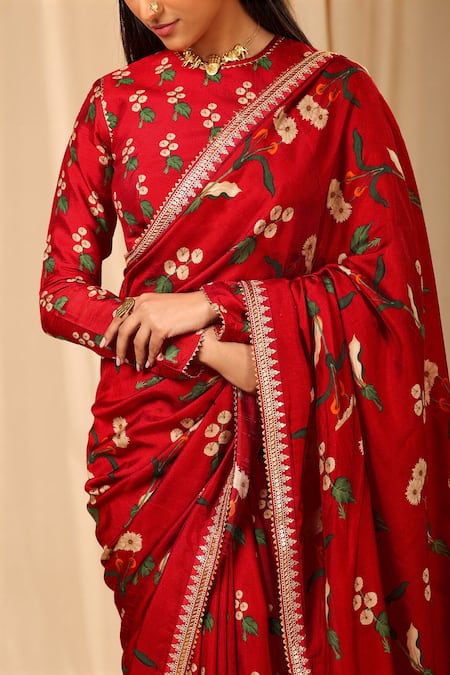 Masaba_Red Silk, Cotton Tassels, Embroidery Spring Blossom Saree _at_Aza_Fashions