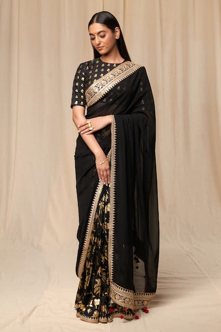 Masaba_Black Silk, Organza Tassels, Embroidery Oasis Print And Embellished Border Saree_Online_at_Aza_Fashions