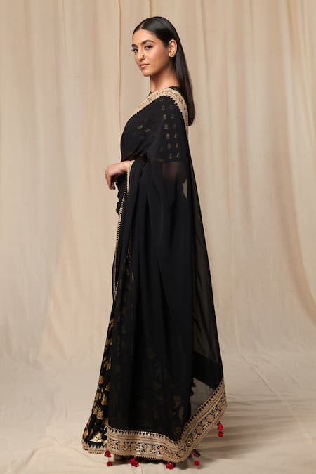 Buy_Masaba_Black Silk, Organza Tassels, Embroidery Oasis Print And Embellished Border Saree_Online_at_Aza_Fashions