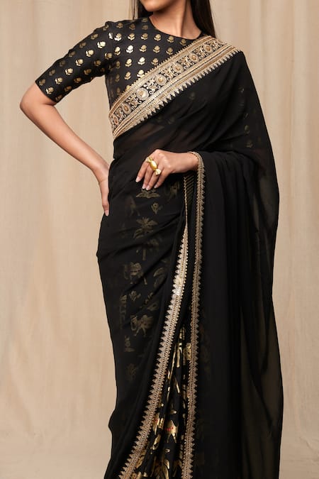 Shop_Masaba_Black Silk, Organza Tassels, Embroidery Oasis Print And Embellished Border Saree_Online_at_Aza_Fashions