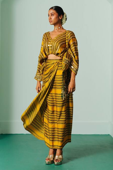 Prahnaaya_Yellow Satin Sequins, Zari V-neck Hand Block Print Crop Top And Cowl Skirt Set _Online_at_Aza_Fashions