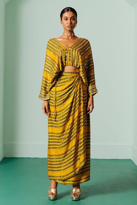 Buy_Prahnaaya_Yellow Satin Sequins, Zari V-neck Hand Block Print Crop Top And Cowl Skirt Set _Online_at_Aza_Fashions