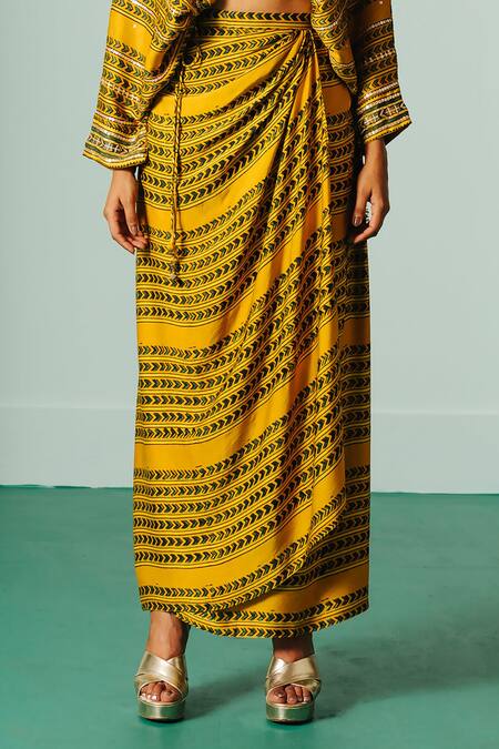 Prahnaaya_Yellow Satin Sequins, Zari V-neck Hand Block Print Crop Top And Cowl Skirt Set _at_Aza_Fashions